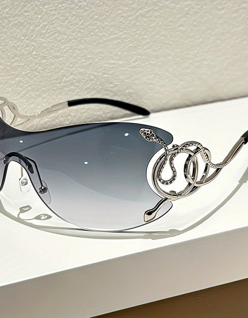 Load image into Gallery viewer, Y2K Style Frameless Glasses with Snake Design Hinges - Zinc Alloy, Clear PC Lenses, Futuristic Metallic Finish for Streetwear Fashion
