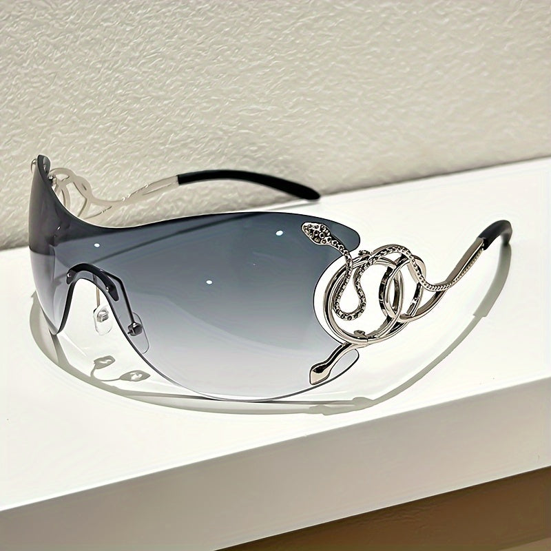 Y2K Style Frameless Glasses with Snake Design Hinges - Zinc Alloy, Clear PC Lenses, Futuristic Metallic Finish for Streetwear Fashion