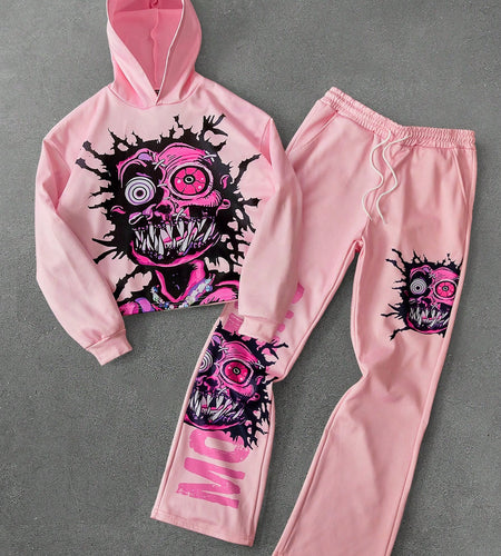 Men's Street Style Hooded Sweatshirt Set Fun Dark 3D Cartoon Monster Pattern Oversized Prints on The Front and Back Give It A Rock Vibe