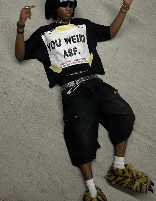 Load image into Gallery viewer, Men&#39;s 100% Cotton  Retro Oversized T-Shirt - Black &amp; Yellow Artist Print Short Sleeve Round Neck Casual Streetwear Tee with Music Producer Style Slogan
