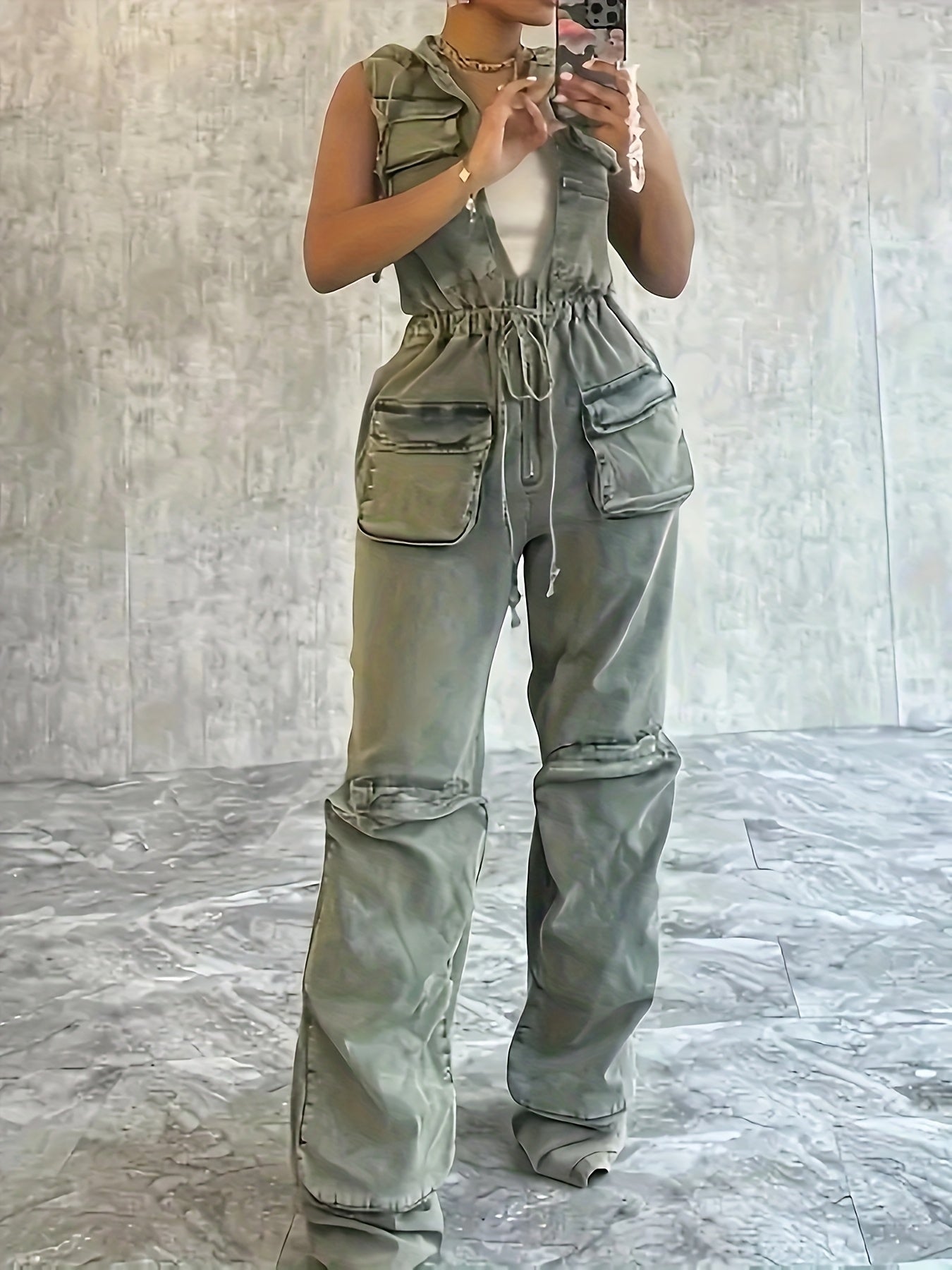 [Vintage Stretch Zipper Romper] Vintage One Pieces Overalls Denim Stretch Women Zipper Pocket Jumpsuit Hoodies Drawstring Waist Streetwear Jean Romper