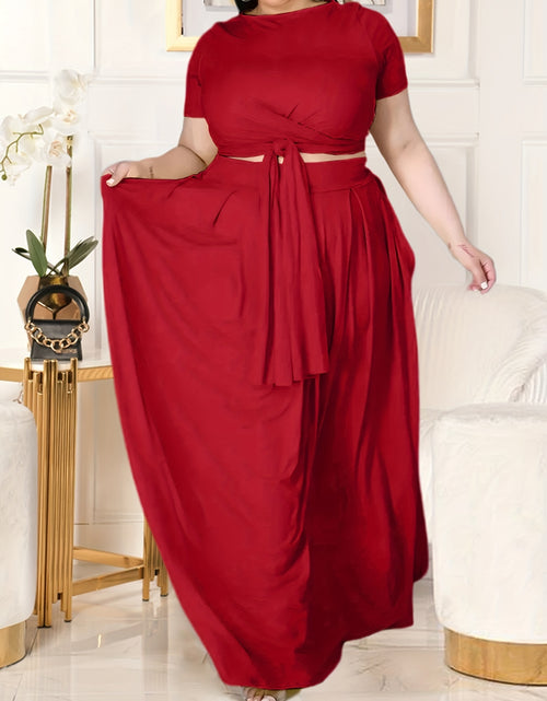 Load image into Gallery viewer, Plus Size Women&#39;s Solid Color Cross Tie Maxi Skirt Set, Casual Polyester Knit Dress with Short Sleeves, Round Neck, Pullover, Elastic Fabric, Fashionable Two-Piece Outfit
