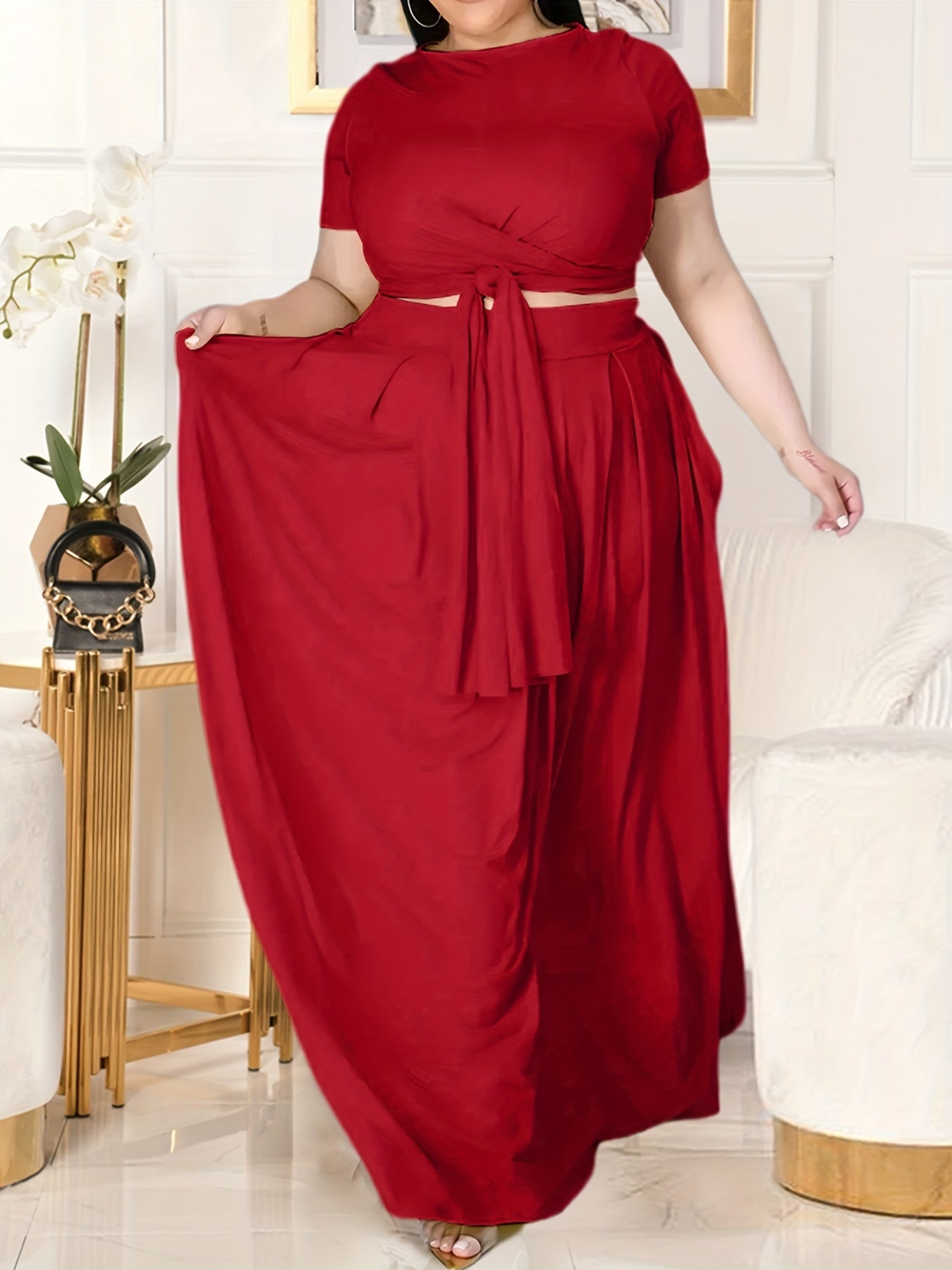 Plus Size Women's Solid Color Cross Tie Maxi Skirt Set, Casual Polyester Knit Dress with Short Sleeves, Round Neck, Pullover, Elastic Fabric, Fashionable Two-Piece Outfit