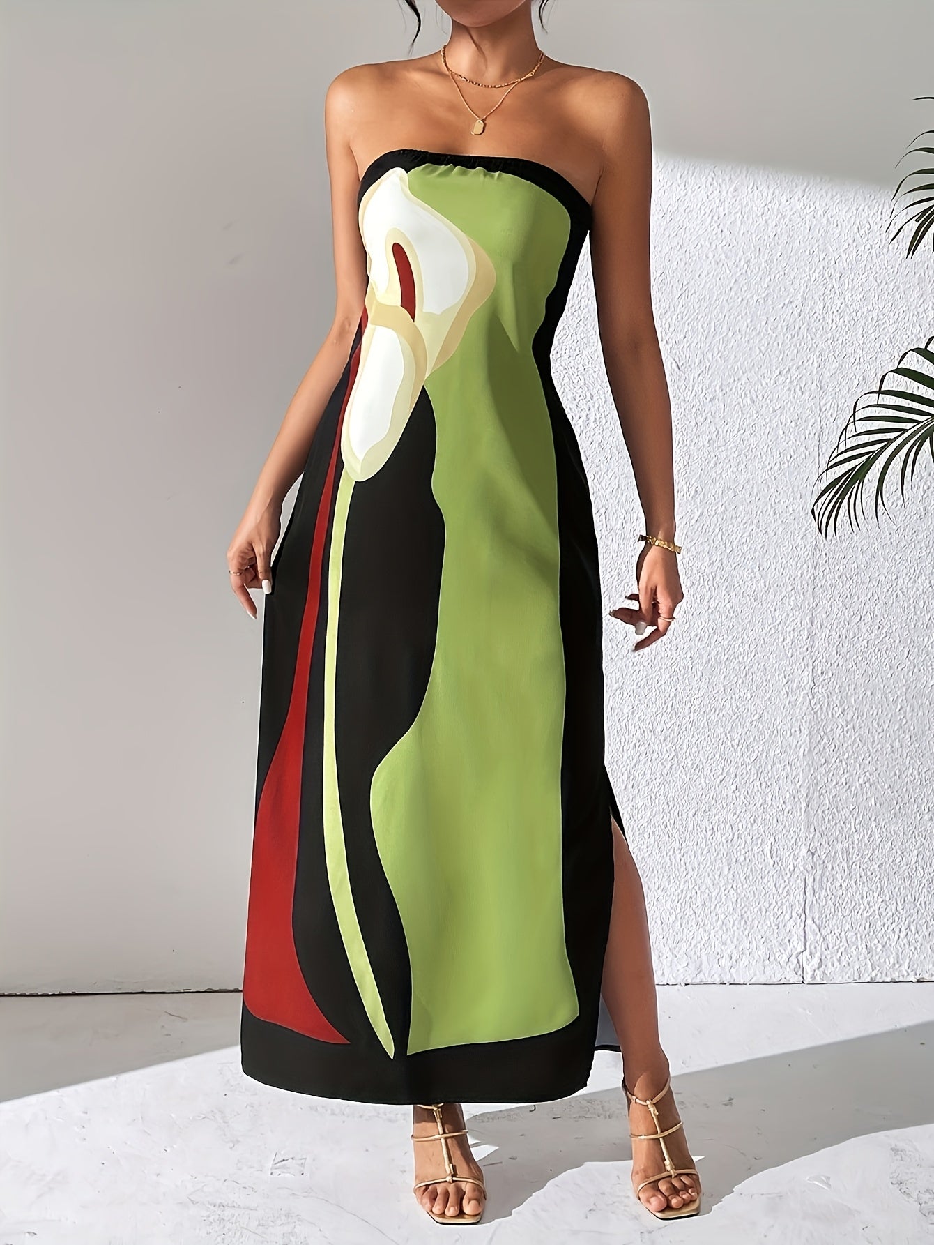 Women'S Spring And Summer Casual Elegant Women'S Avocado Print Strapless Midi Dress