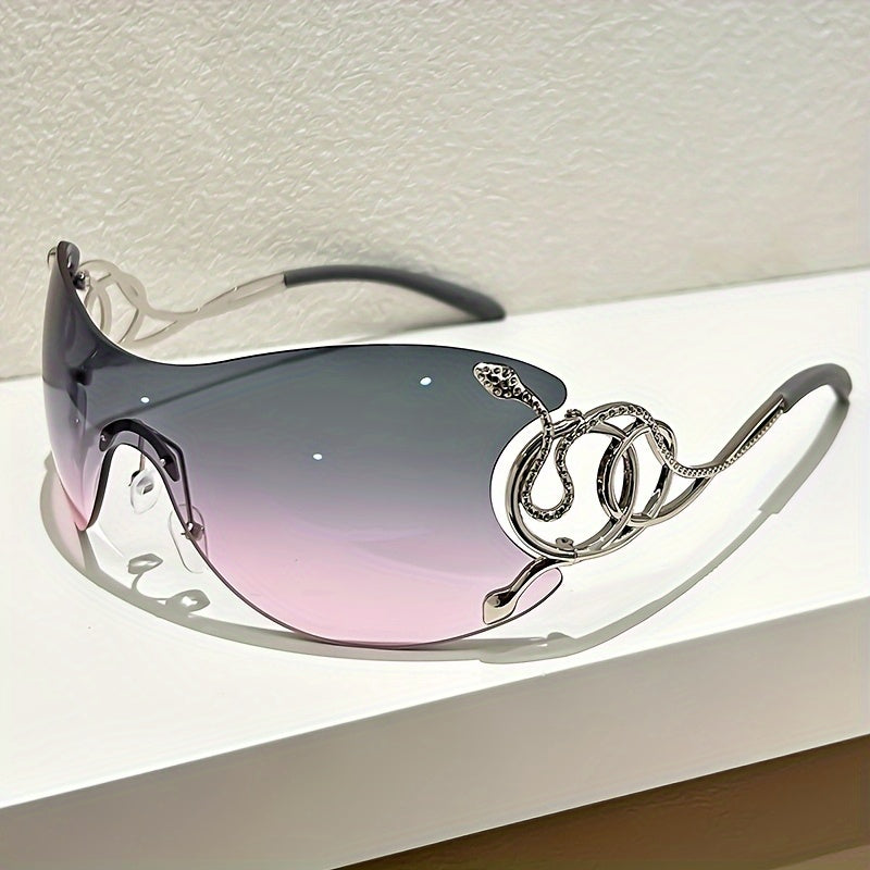 Y2K Style Frameless Glasses with Snake Design Hinges - Zinc Alloy, Clear PC Lenses, Futuristic Metallic Finish for Streetwear Fashion