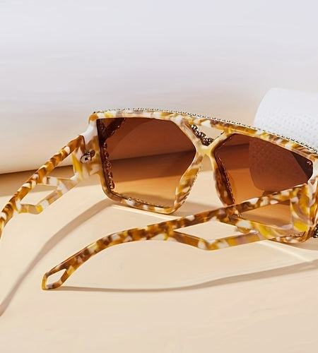 Large Rhinestone Adorned Hollow Geometric Mirror Sunglasses -
