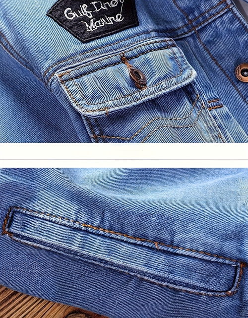 Load image into Gallery viewer, Men Vintage Distressed Denim Jacket - Slim Fit Biker Streetwear with Embroidered Design, Classic Baseball Uniform Style, Blue Casual Jacket for Trendy Outfits
