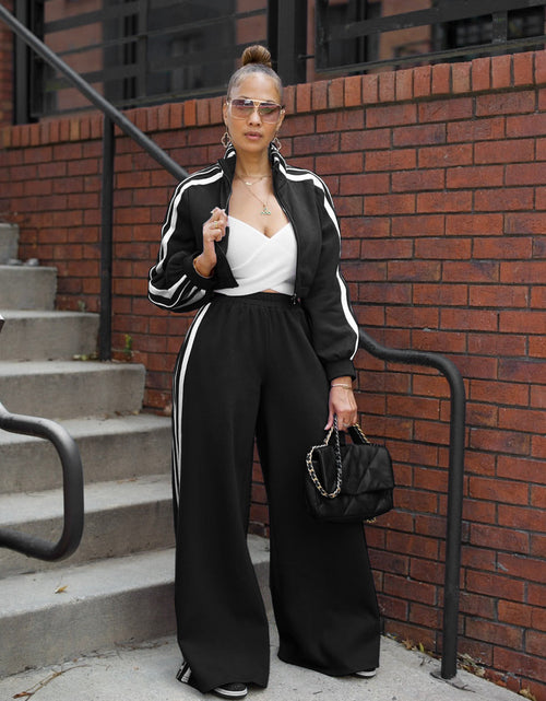Load image into Gallery viewer, Autumn striped long-sleeved two-piece set - contrasting color zipper thickened sweatshirt casual solid color striped side trim, elastic short top, comfortable straight-leg pants
