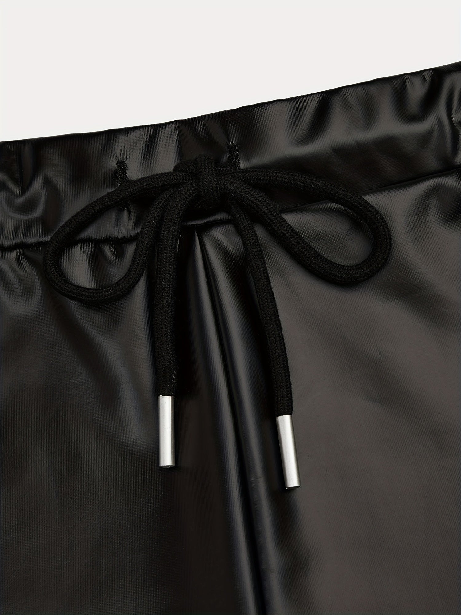 Women's Shiny Leather-Like Jumpsuit - Black Long Sleeve with Scrunched Pants & Drawstring Waist | Edgy Bodycon Style for Night Clubs, Fashion Events & Streetwear (Stretchy Fabric Slim-Fitting) for Fall & Winter