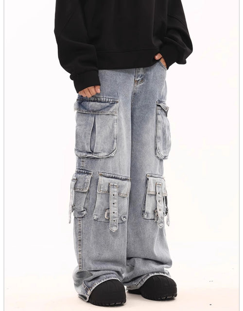 Load image into Gallery viewer, Men Stretchy Fabric Loose-Fit Straight-Leg  Jeans | Multi-Pocket Streetwear Pants with Elastic Waistband, All-Season Versatile Design  Solid Color, Casual Wear Jeans | Street Style Jeans
