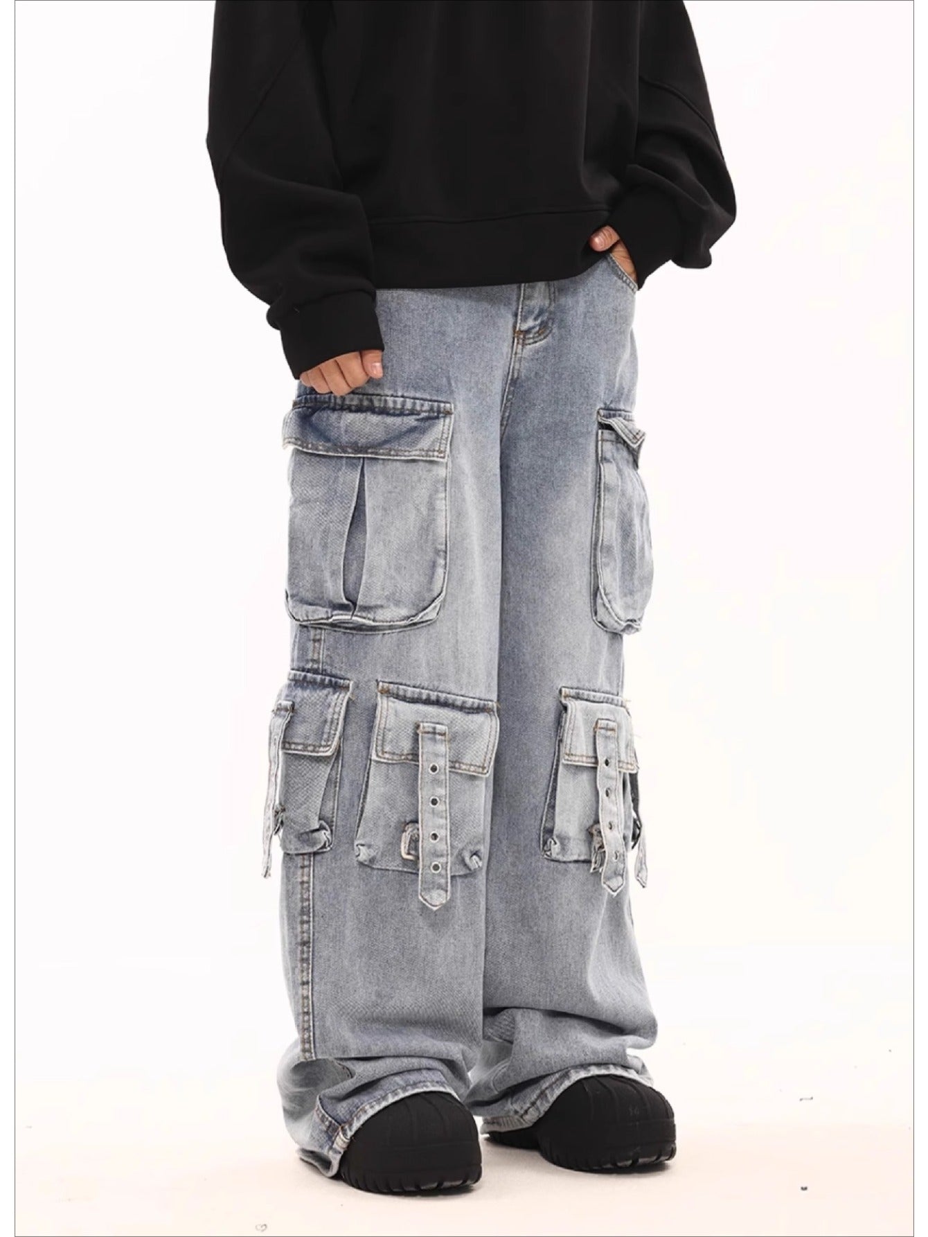 Men Stretchy Fabric Loose-Fit Straight-Leg  Jeans | Multi-Pocket Streetwear Pants with Elastic Waistband, All-Season Versatile Design  Solid Color, Casual Wear Jeans | Street Style Jeans