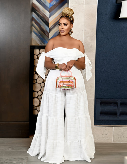 Load image into Gallery viewer, [Elegant Jumpsuit] White Elegant Off-Shoulder Wide-Leg Jumpsuit for Women | Sleeveless, High-Low Hem, Ruffle Detail, Textured Fabric, Perfect for Spring/Summer Parties &amp; Casual Outings

