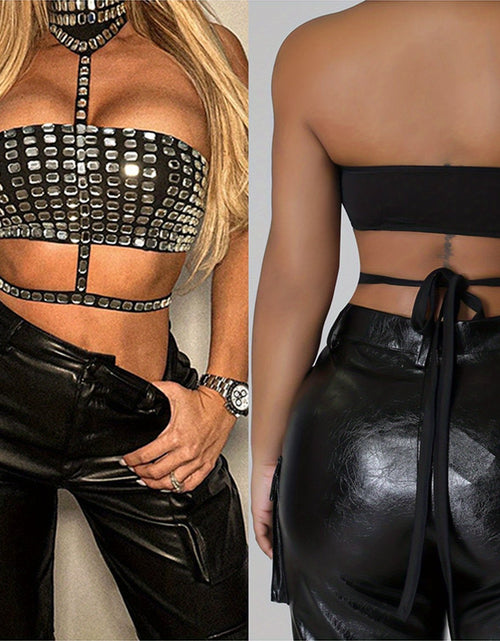 Load image into Gallery viewer, Women&#39;S Halter Tank Tops Shiny Rhinestone Sleeveless Back Tie-up Vest Slim Fit Crop Streetwear
