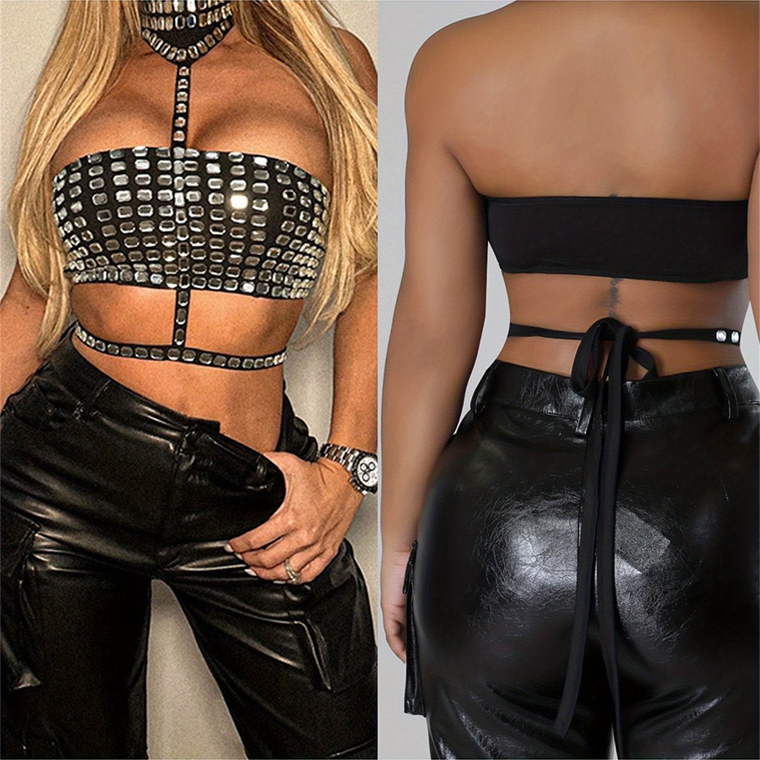Women'S Halter Tank Tops Shiny Rhinestone Sleeveless Back Tie-up Vest Slim Fit Crop Streetwear