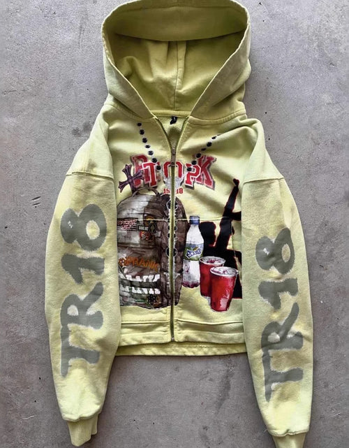 Load image into Gallery viewer, Men's &amp; Women's Oversized Y2K Retro Graffiti Print Zip-Up Hooded Jacket - Full-Zip Streetwear Coat with Music Note &amp; Cassette Tape Design, , Machine Washable All-Season Casual Outer Layer (Green/Beige) - Unisex Vintage 90s
