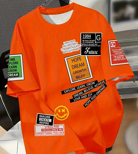 Men Fashion Crew Neck T-Shirt, 100% Polyester Short Sleeve, Summer All Over Print Tee, Regular Fit, Slight Stretch, Knit Fabric,