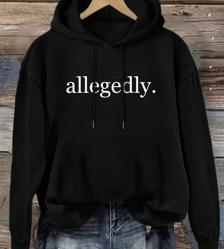 Women's Black Hoodie with Allegedly Text Print - Soft Fleece-Lined Pullover Sweatshirt, Kangaroo Pocket & Loose Fit for Everyday Winter and Fall Outfits - Machine Washable