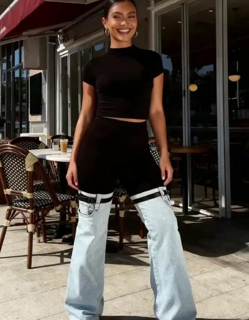 Load image into Gallery viewer, Women High Waist Slim Fit Flare Leggings - Black &amp; Light Wash Denim Bell-Bottom Pants with Adjustable Buckle Strap,  Retro Streetwear Style, All-Season Stretch Denim for Casual Outfits
