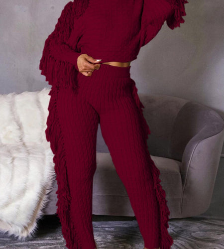 Women Stylish Wine Red Fringe Detail Two - Piece Set  - Stylish Party & Casual Outfit