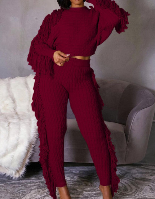 Load image into Gallery viewer, Women Stylish Wine Red Fringe Detail Two - Piece Set  - Stylish Party &amp; Casual Outfit

