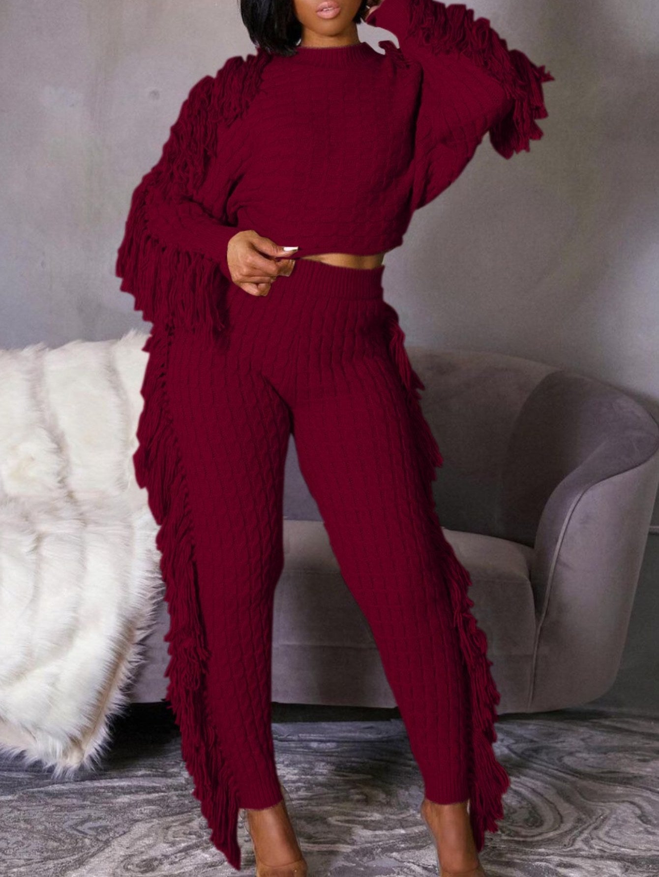 Women Stylish Wine Red Fringe Detail Two - Piece Set  - Stylish Party & Casual Outfit