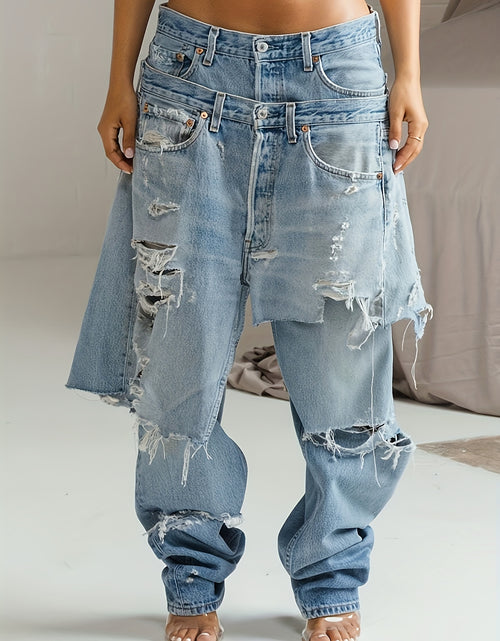 Load image into Gallery viewer, Y2K Double Waistband Jeans | Distressed Low Rise with Asymmetric Patchwork &amp; Raw Hem, Edgy Streetwear Pants
