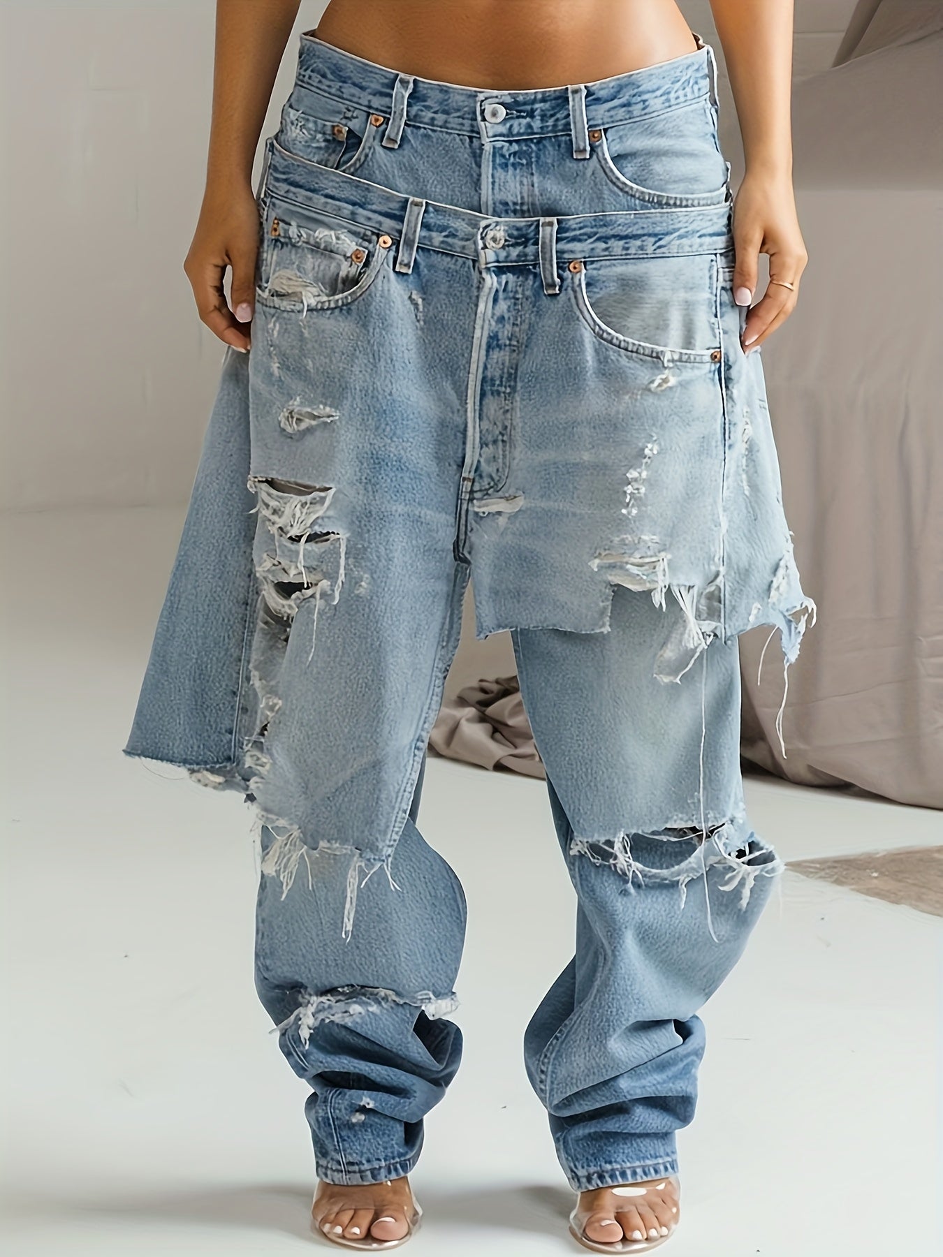 Y2K Double Waistband Jeans | Distressed Low Rise with Asymmetric Patchwork & Raw Hem, Edgy Streetwear Pants