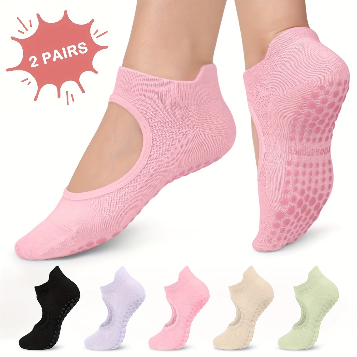 [2 Pairs Grippy Pilates Socks] 2 Pairs Non-Slip Grippy Pilates Socks for Women | Open Top Yoga Socks, Breathable Athletic Socks for Workout, Barre, Dance - Barre Accessory