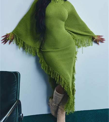 Long Sleeve Batwing Fringe Trim Sweater Dress For Women, High Neck Maxi With Asymmetrical Hem, Sexy And Chic Style