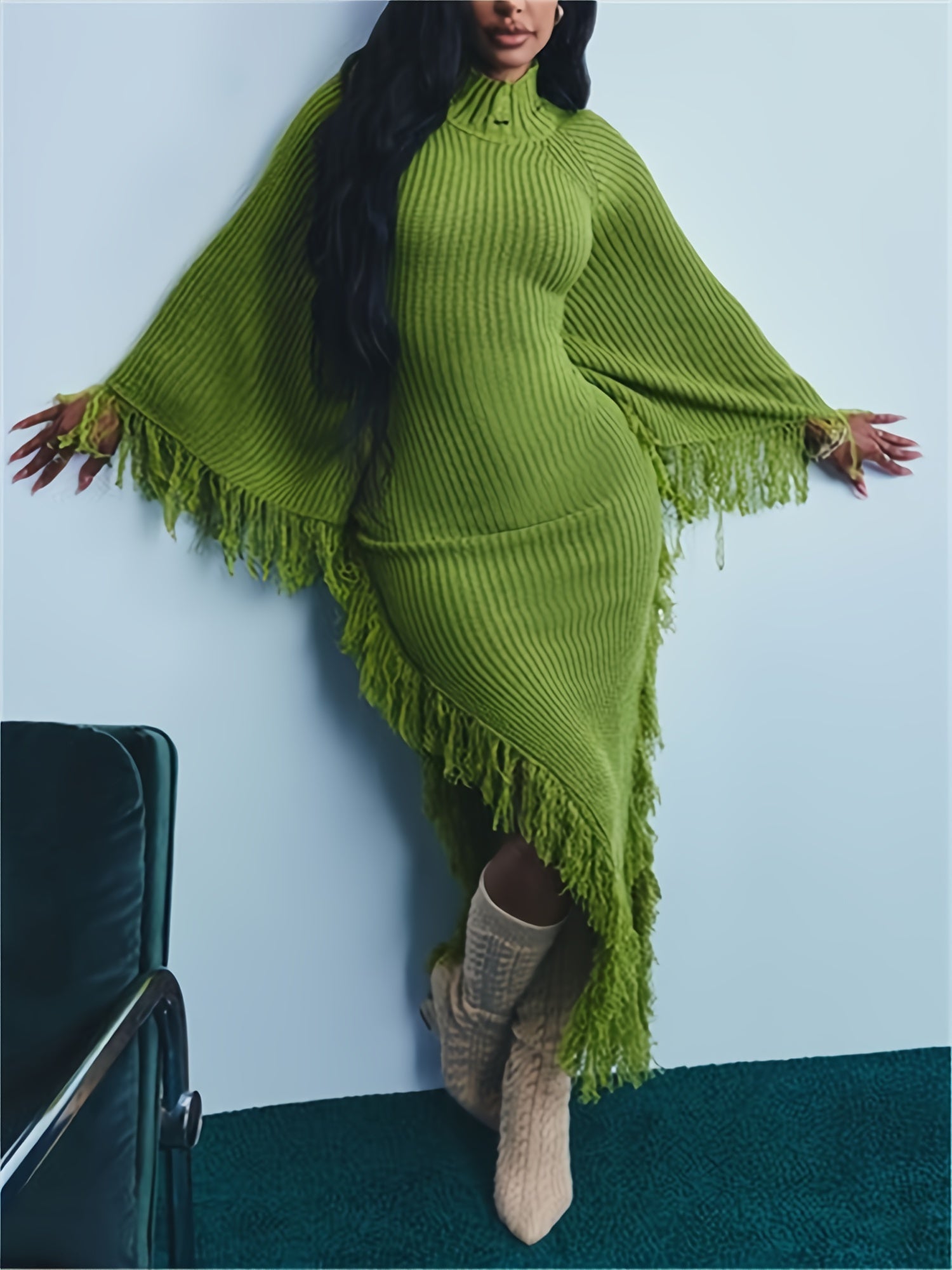 Long Sleeve Batwing Fringe Trim Sweater Dress For Women, High Neck Maxi With Asymmetrical Hem, Sexy And Chic Style