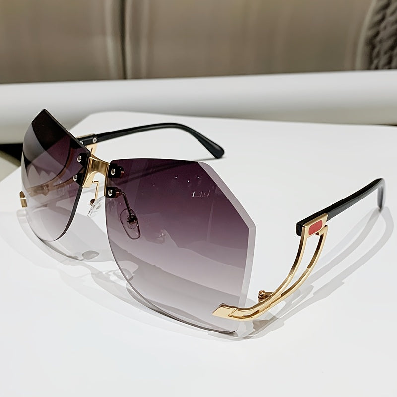 Frameless Oversized Fashion Glasses for Women - Gradient Pink to Clear Lenses, Hollow-Out Temple Arms, Protection & Anti-Glare Coating, Luxury Fashion Accessories