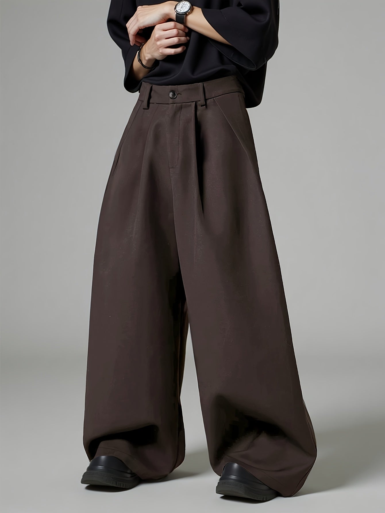 Men Loose Silhouette Solid Color With Pockets Pleated Pants Super Loose Pants Simple, Wide Leg Pants , Solid Color Pants - Elegant Wide Leg Pants