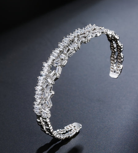 Luxury Double Layer Open Cuff Bracelet with Sparkling Synthetic Zirconia Stones