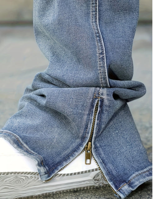 Load image into Gallery viewer, Men's straight-leg distressed jeans- mid-rise, stretch blend, leg zipper design, street style, ripped details, comfortable and versatile,  stylish long pants Slim-fit jeans Durable fabric
