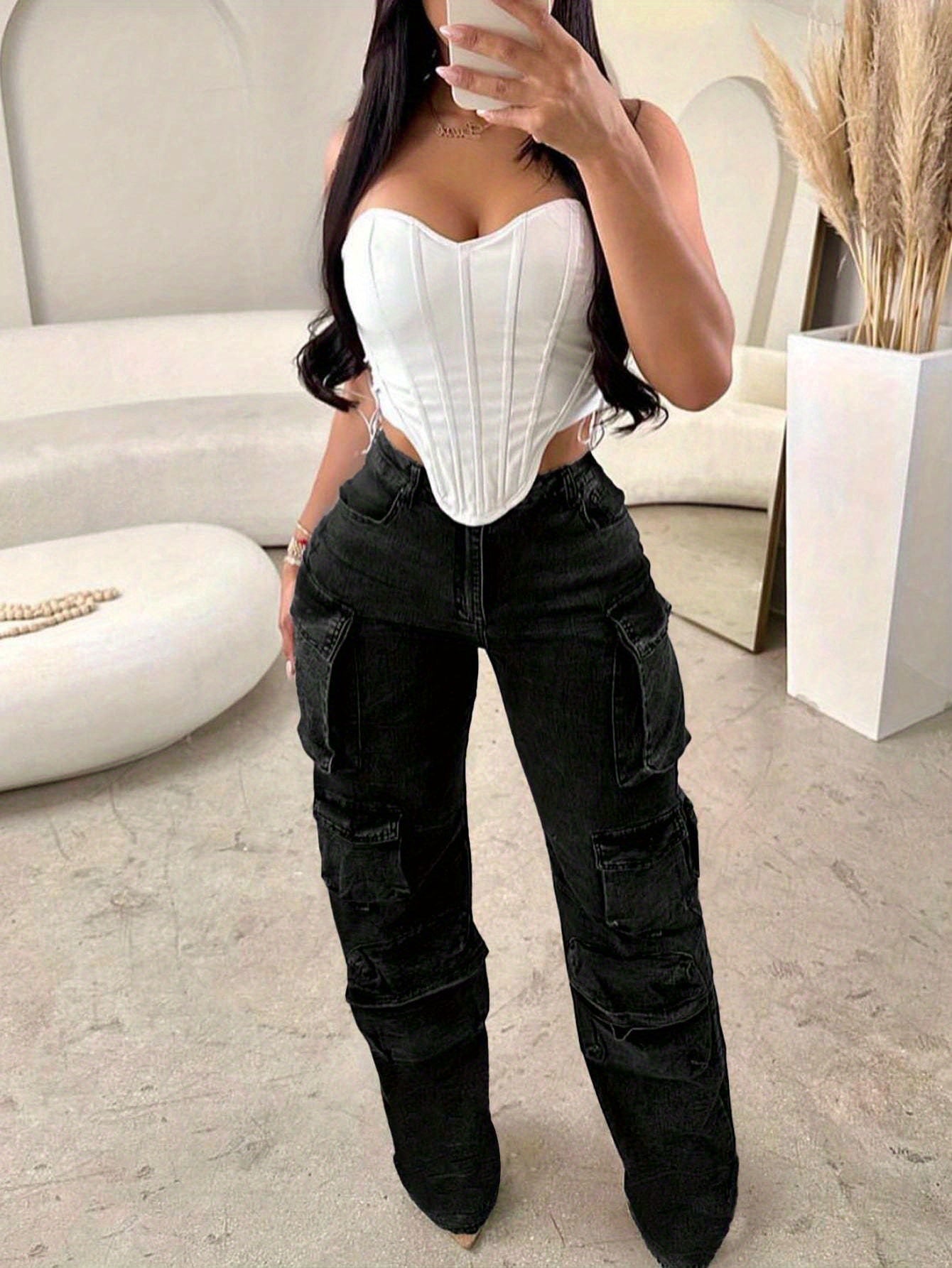 Women Cargo Jeans High Waisted Cargo Pants Y2k Baggy Wide Leg Denim Trousers With Flap Pockets