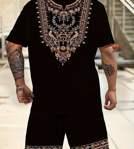 Plus-Size Men'S Sports Casual Drawstring Set with Short Sleeves And Shorts, Featuring a National Style, Plus Size