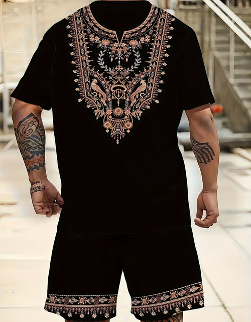 Load image into Gallery viewer, Plus-Size Men&#39;S Sports Casual Drawstring Set with Short Sleeves And Shorts, Featuring a National Style, Plus Size
