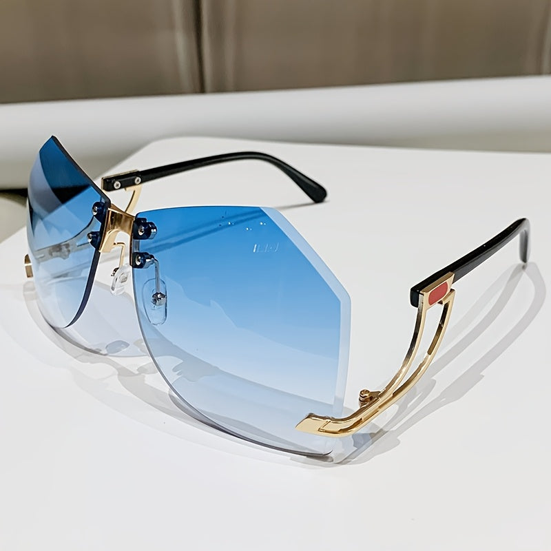 Frameless Oversized Fashion Glasses for Women - Gradient Pink to Clear Lenses, Hollow-Out Temple Arms, Protection & Anti-Glare Coating, Luxury Fashion Accessories