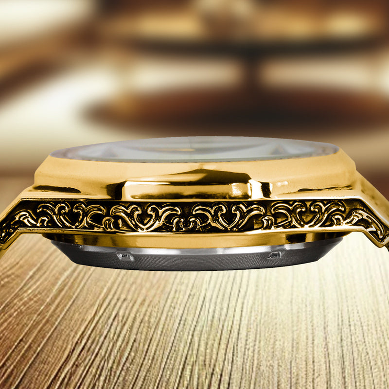 Fashionable Men Golden Steel Band Gorgeous Dragon Carved Fully Automatic Mechanical Watch, Without Battery