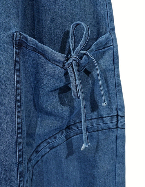 Load image into Gallery viewer, Women Baggy Denim Harem Pants - Elastic Drawstring Waist Wide Leg Jeans With Bow Tie &amp; Pockets  (Vintage Distressed Wash)
