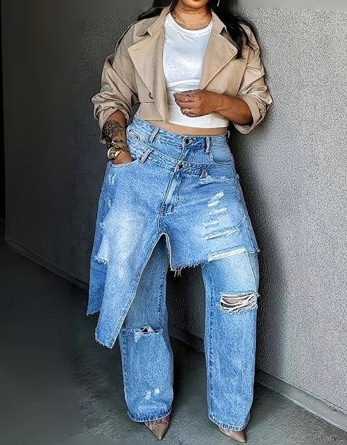 Load image into Gallery viewer, Edgy, Deconstructed Jeans  Women&#39;s 2-in-1 Low Rise Vintage Wash &amp; Asymmetric Distressed Rips - Edgy Streetwear Denim Pants
