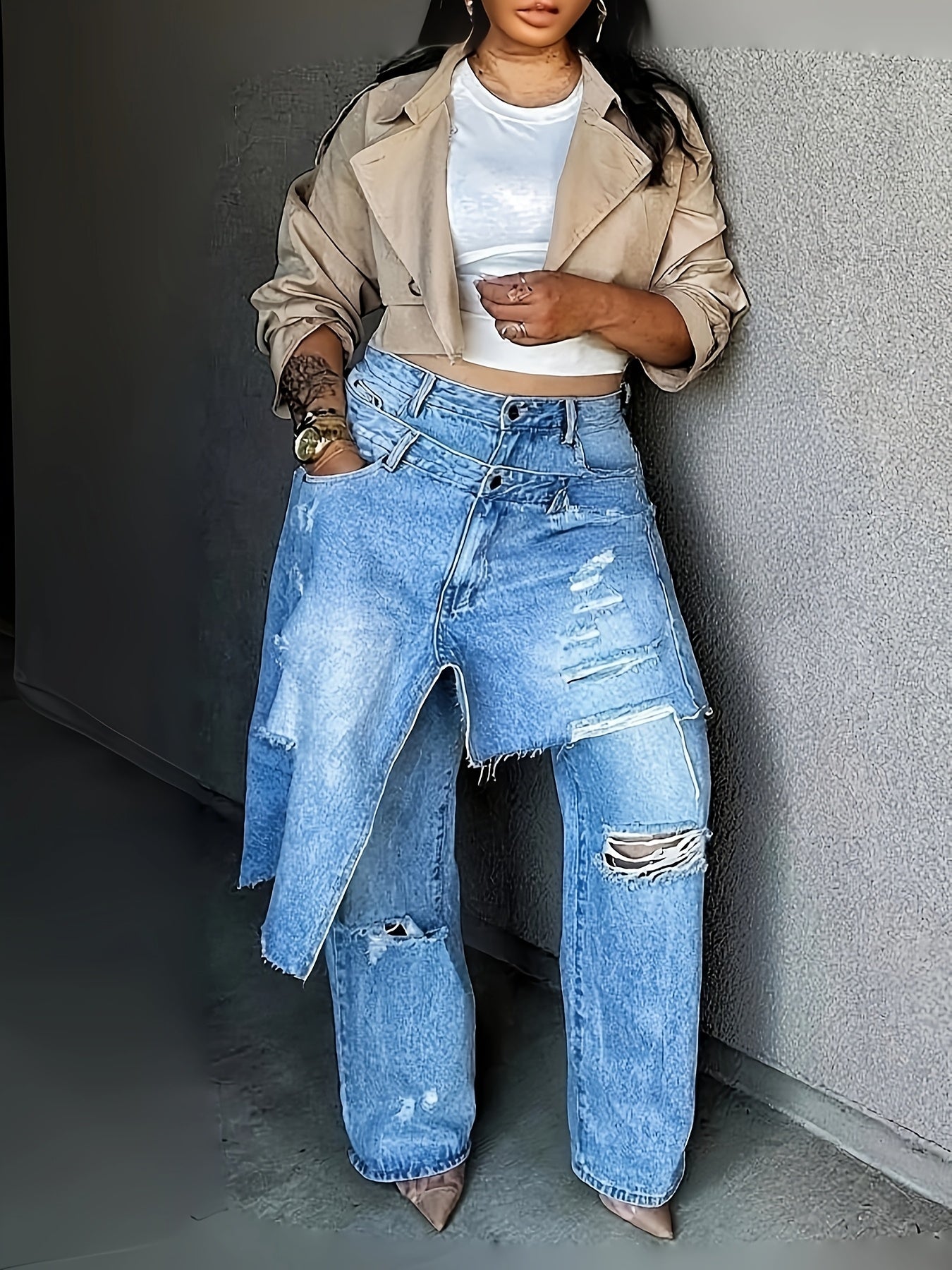 Edgy, Deconstructed Jeans  Women's 2-in-1 Low Rise Vintage Wash & Asymmetric Distressed Rips - Edgy Streetwear Denim Pants
