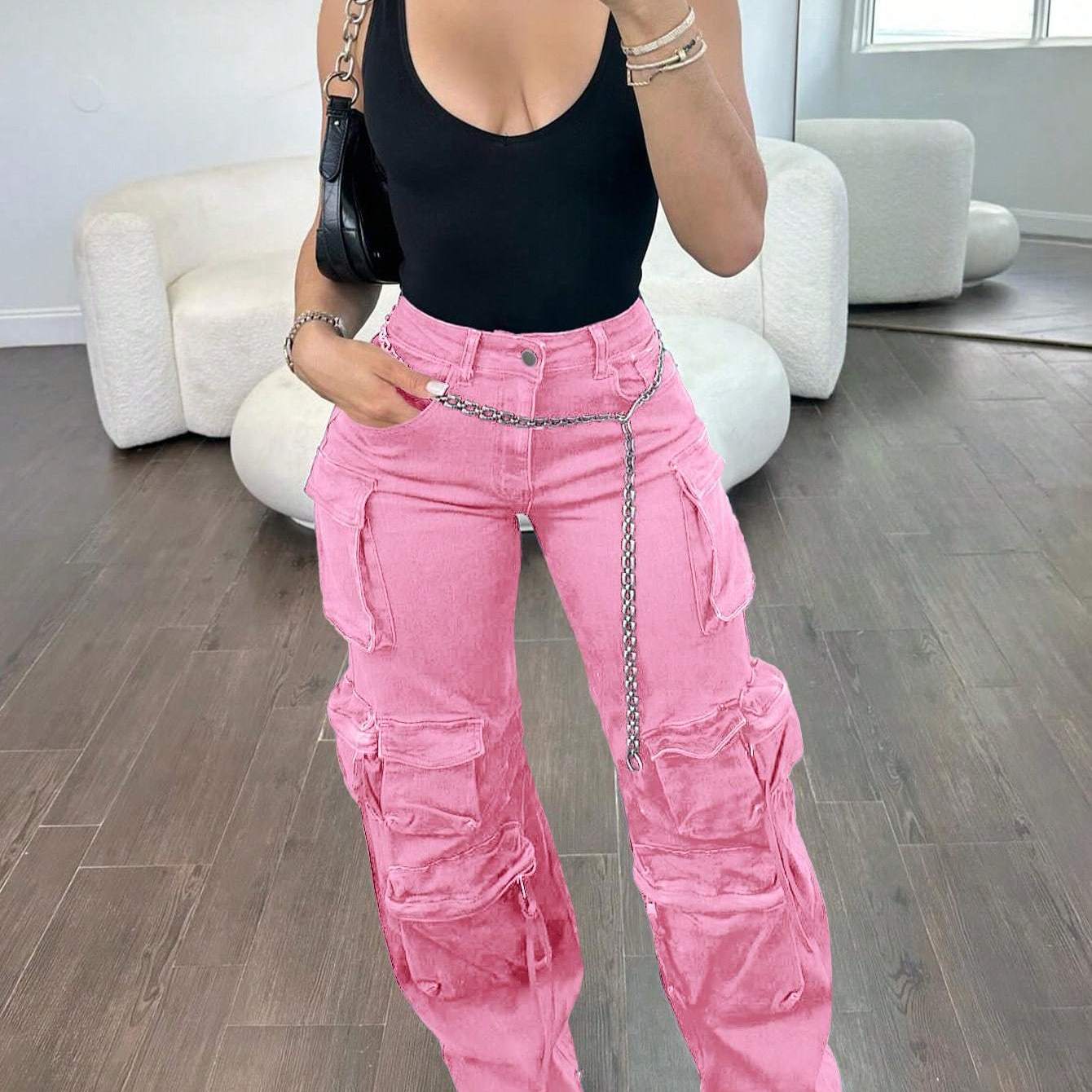 Women Cargo Jeans High Waisted Cargo Pants Y2k Baggy Wide Leg Denim Trousers With Flap Pockets