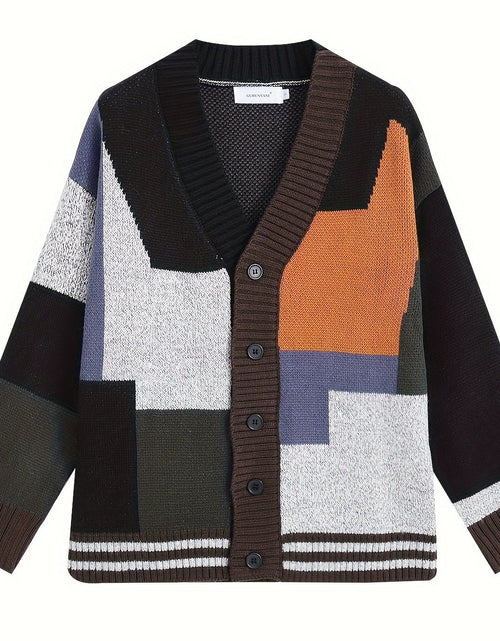 Load image into Gallery viewer, Spring and Autumn Color Block Cardigan Sweater Trendy V-Neck Knit Sweater Casual Men Clothing
