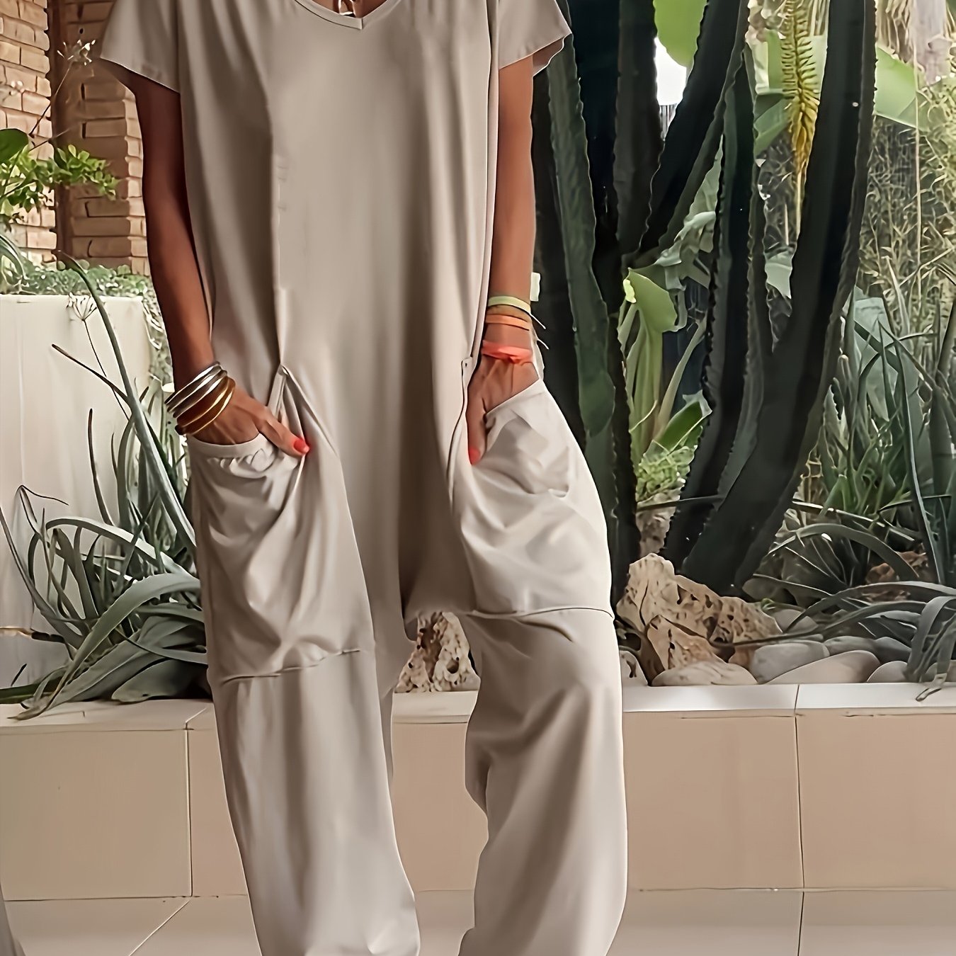 [Polyester Jumpsuit] Lightweight Polyester Women's Casual V-Neck Short Sleeve Knit Jumpsuit with Pockets - Solid Color Loose Fit One-Piece Loungewear for Spring/Summer, Relaxed Fit Clothing