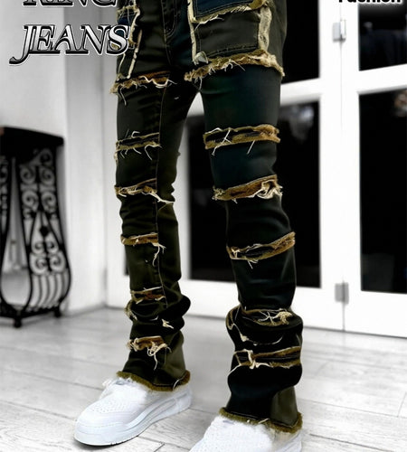 - Men Slim Straight Denim Trousers Featuring Layered Rips And Patchwork - Mid-Rise with a Zipper, Fringed Design, Ideal for Street Fashion,