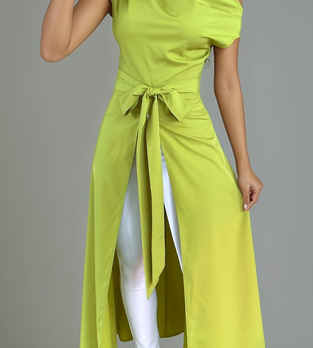 Elegant Off-Shoulder Lime Green Maxi Dress with Front Slit and Tie Waist - Long Sleeve, Polyester Blend, Sophisticated Knot Detail for Women