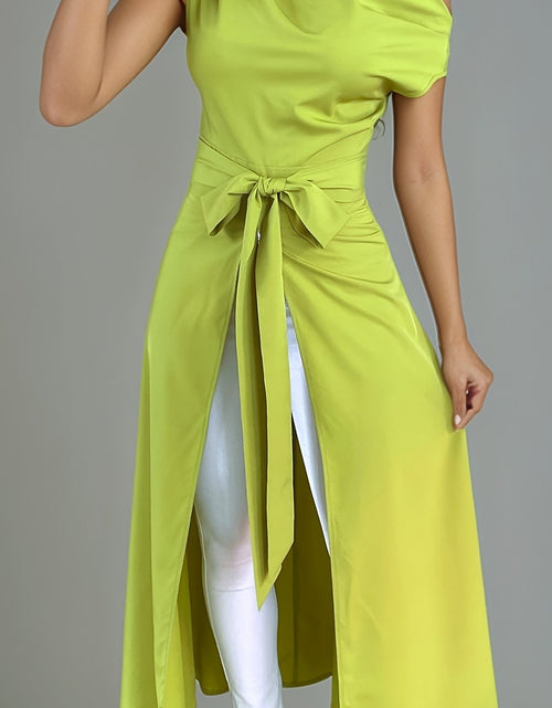 Load image into Gallery viewer, Elegant Off-Shoulder Lime Green Maxi Dress with Front Slit and Tie Waist - Long Sleeve, Polyester Blend, Sophisticated Knot Detail for Women
