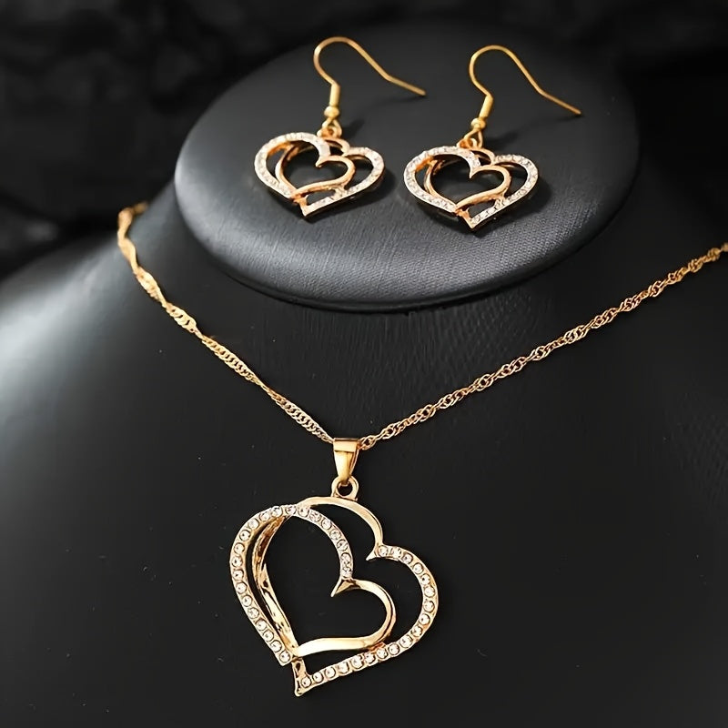 A Pair Of Earrings And A Necklace,  Romantic Style Jewelry Set, Sparkling Heart-shaped Design, Perfect Valentine's Day And Birthday Gifts.