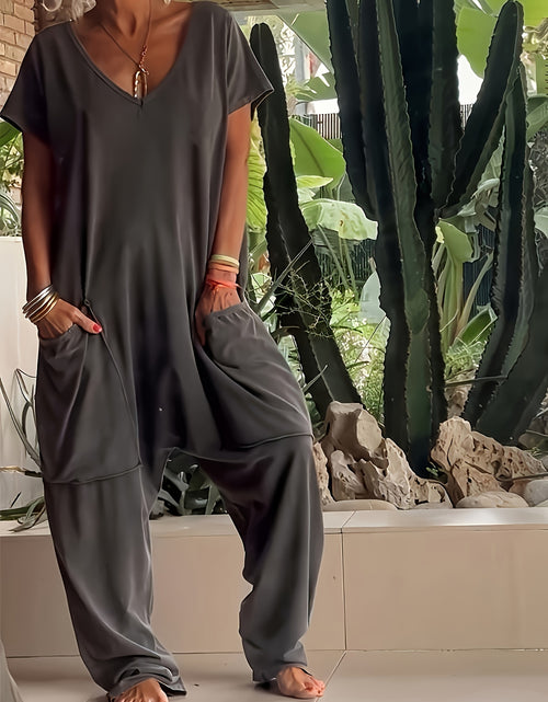 Load image into Gallery viewer, [Polyester Jumpsuit] Lightweight Polyester Women&#39;s Casual V-Neck Short Sleeve Knit Jumpsuit with Pockets - Solid Color Loose Fit One-Piece Loungewear for Spring/Summer, Relaxed Fit Clothing
